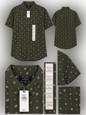 Banana Republic Olive Green Short-Sleeve Printed Button-Down Shirt